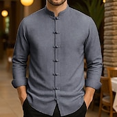 economico Casual da lavoro-Per uomo Camicia in cotone e lino Colore Solido / Tinta Unita Vacanza Nero Bianco Verde chiaro Rosa Manica Lunga Nonno Abbigliamento