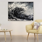 abordables Peintures paysages-Peinture à l&#039;huile faite à la main sur toile, décoration murale, couteau à palette 3D, paysage abstrait de vagues océaniques en noir et blanc pour la décoration intérieure, cadre tendu, peinture