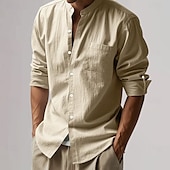 preiswerte Business Casual-Herren Baumwoll-Leinen-Hemd Einfach Urlaub Schwarz Weiß Khaki Dunkelgray Langarm Großvaterkragen Bekleidung Tasche