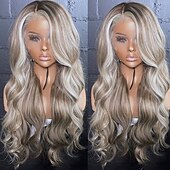 baratos Perucas de seda frontais de cabelo natural-Cabelo brasileiro cru remy ondulado com mechas loiras acinzentadas sem cola 5x5 fechamento de renda sem cola perucas coloridas 13x4 peruca frontal de renda pré-arrancada para mulheres