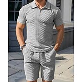 お買い得  休暇-男性用 クォータージップポロ ゴルフシャツ 日常 祝日 ラペル 半袖 ファッション ベーシック 平織り 2個 ジャカード 夏 レギュラー ブラック ホワイト スカイブルー カーキ色 ライトグレー クォータージップポロ