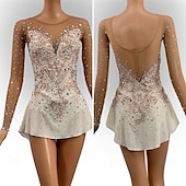 cheap Figure Skating Dresses-Figure Skating Dress Women&#039;s Girls&#039; Ice Skating Dress White Patchwork Asymmetric Hem Mesh High Elasticity Training Competition Skating Wear Classic Crystal / Rhinestone Long Sleeve Ice Skating Figure