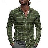 preiswerte Herrenhemd zum Knöpfen-Herren Hemd Sommerhemd Freizeithemd Strandhemd Knopfhemd Gelb Blau Grün Grau Langarm Karomuster Revers Urlaub Hawaiianisch Button-Down Bekleidung Polyester Mode Lässig Bequem