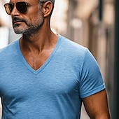 economico T-shirt in Cotone e Lino-Men's T Shirt Tee Top Bamboo T-shirt Short Sleeve Short Sleeves V Neck Summer Solid Color Plain Fashion Designer Basic V Neck Casual Vacation Street Blue Top Tee for Men