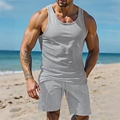 abordables Conjuntos de camisetas de hombre-Hombre Tanque Chaleco Trajes de camiseta Trajes de 2 piezas Sin Mangas Cuello Barco Verano Plano Moda Casual 2 Piezas Vacaciones Ropa Cotidiana Noche Blanco Vino Verde Oscuro Camiseta superior para