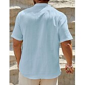 cheap Vacation-Men's Shirt Linen Shirt Popover Shirt Summer Shirt Beach Wear Henley Shirt Solid Color Vacation Dailywear White Sky Blue Short Sleeve Stand Collar Summer Spring Clothing Apparel