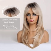 levne Syntetické trendy paruky-20 palců dlouhé rovné blond vrstvené syntetické paruky pro ženy s tmavými kořínky pro každodenní párty