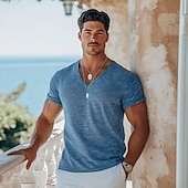 cheap Cotton Linen T-shirts-Men&#039;s Tee Top Linen-Like T-shirt Short Sleeve Short Sleeves Crew Neck Summer Plain Fashion Designer Basic Soft Vacation Street Casual Light Blue Top Tee for Men