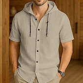 voordelige heren overhemd met knopen-Voor heren Overhemd met knopen Overhemd met capuchon Zwart Wit khaki Grijs Licht Blauw Korte mouw Effen / effen kleur Capuchon Vakantie Casual Capuchon Kleding Polyester Modieus