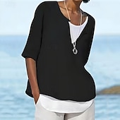abordables Camisas-Mujer Camisa Camisa de lino Camisas de algodón y lino Plano Diario Elegante Básico Manga 3/4 Escote en Pico Tops regulares Trabajo Diario Festivos Negro Blanco Azul Piscina Primavera Otoño