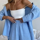 cheap Sets-Women&#039;s Fashion Streetwear Shirt Cotton Linen Sets Two Piece Sets Long Sleeve Shirt Collar Plain Daily Wear Date White Blue Green Summer Regular Fit