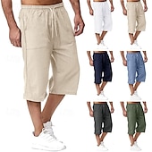 baratos Clássico-Homens Calças Capri Shorts de linho Shorts de verão Shorts de praia Bolsos Com Cordão Cintura elástica Tecido Conforto Respirável Comprimento da panturrilha Férias Feriado Praia Havaiana Boho Preto