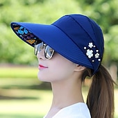 cheap Home Hats-Summer Foldable Sunscreen Hat Wide Brim Women Solid Color Beads Flower Decor Sun Hat Visors Outdoor Sports Cap