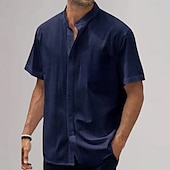 preiswerte Baumwoll-Leinenhemd-Herren Baumwoll-Leinen-Hemd Einfach Urlaub Schwarz Weiß Himmelblau Khaki Kurzarm Großvaterkragen Sommer Bekleidung