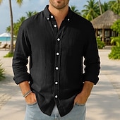 preiswerte Urlaub-Herren Baumwoll-Leinen-Hemd Einfarbig Urlaub Schwarz Weiß Rosa Dunkelmarine Langarm Revers Bekleidung Button-Down