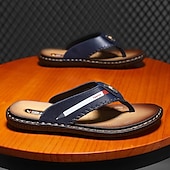 billige Ferietøfler-marineblå flip-flop-sandaler i imitert skinn for menn – myke og komfortable med stroppdetaljer, ideell for uformelle sommerdager, avslapning på stranden og ved bassenget
