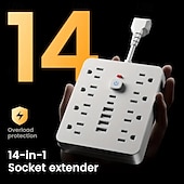 ieftine Aparate de uz casnic-Prelungitor plat 14-in-1 cu 4 prize AC și 6 porturi USB (2 USB-C) – Protecție împotriva suprasarcinii și placă de expansiune a puterii