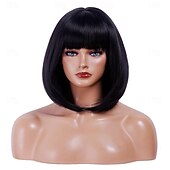 economico Parrucche trendy sintetiche-Parrucca rugelyss nera corta e liscia con frangia, 12 pollici, parrucche sintetiche per donne e ragazze con cuffia per parrucca