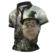 economico Polo con stampa animalier da uomo-Per uomo Gatto Polo Manica Corta Magliette polo Camicie con Colletto Casual Scuola All&#039;aperto Abbigliamento quotidiano Stampa 3D Estate Verde