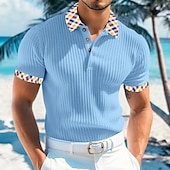 cheap Men&#039;s Classic Polo-Men&#039;s Rib Knit Top Golf Polos Shirts Work Casual Lapel Ribbed Polo Collar Short Sleeve Basic Modern Color Block Buttons Knitted Summer Spring &amp; Summer Slim Fit White Yellow Navy Blue Light Blue Rib