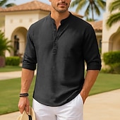 cheap Men&#039;s Popover Shirts-Men&#039;s Waffle Knit Shirt Black White Blue Sky Blue Dark Gray Long Sleeve Grandad Collar Stand Collar Henley Vacation Buckle Clothing Apparel Fashion Casual Comfortable