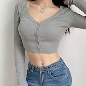 preiswerte Einfarbiges T-Shirt-Damen Bluse Einfach Modern Langarm V Ausschnitt Crop Tops Täglich Ferien Ausgehen Knöpfe Schwarz Weiß Grau Sommer