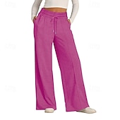 billiga breda ben och hög midja-Dam Trosor Byxor Streetwear Ledigt Fullängd Naturlig Slät Ficka Elastisk dragsko-design Bekväm Utomhus Gata Utekväll Magenta Aprikos Mörkbrun Svart Sommar Normal