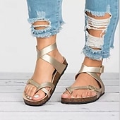 abordables Sandalias Planas-Sandalias planas de tiras marrones para mujer: cómoda suela de corcho con hebilla ajustable, calzado informal de playa para verano