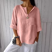 cheap Shirts-Women&#039;s Cotton Linen Blouse Solid Color Elegant Stylish Casual 3/4 Length Sleeve V Neck Regular Tops Daily Holiday Buttons Black White Pink Blue Beige Summer Spring
