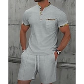 cheap Men&#039;s Tee Sets-Men&#039;s Waffle Shirt T-shirt Suits 2 Pieces Outfits Tee &amp; Shorts Short Sleeve Standing Collar Summer Color Block Fashion Casual 2 Piece Front Pocket Vacation Daily Wear Going out Black White Royal Blue