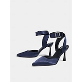 abordables Bal de promo-Escarpins à bride arrière en satin bleu marine pour femmes avec boucle en strass pour la remise des diplômes, le bal de fin d&#039;année et les occasions spéciales