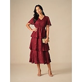 preiswerte abendkleider-Damen Maxikleid A Linie Kleid Elegant Formell Flattrige Ärmel Hochzeitsgast Cocktailparty Normale Passform Einfach Kurzarm V Ausschnitt Wein Sommer