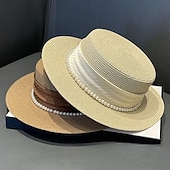 cheap Hats-Elegant French Ladies Sun Hat  Natural Grass Weave Pearl Embellishment  Flat Top Design UV Protection Ideal for Beach and Outdoor Use Beach Hat