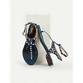 billige Ferietøfler-damersandaler med denim-pigger – flate sommersandaler med t-rem med ankelspenne, trendy fritidssko for tenåringer og unge kvinner, ideelt for ferier, strandturer og hverdagsantrekk