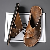 billige Ferietøfler-brune sandaler i imitert skinn med kryssrem – uformelle slip-on sandaler med slitesterk såle, perfekt for hverdagskomfort, ferie og utendørseventyr