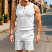 preiswerte Fitness Tank-Tops-Herren Waffel-Tanktop Henley Hemd Weste Unterhemd Ärmellos Henley Sommer Einfach Mode Designer Lässig Knöpfe Outdoor Lässig Ausgehen Schwarz Weiß Hellblau Top T-Shirt für Herren