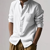 preiswerte Business Casual-Herren Baumwoll-Leinen-Hemd Einfach Urlaub Schwarz Weiß Khaki Dunkelgray Langarm Großvaterkragen Bekleidung Tasche