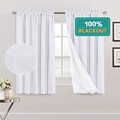 baratos Cortinas &amp; Cortinados-Cortinas de Textura de Linho para Quarto Sólido 100% Blackout Térmica Isolada com Forro Branco Cortinas/Dráperes Escurecedoras para Sala de Estar Berçário 2 Peças L52 x A84