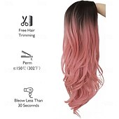 economico Parrucche trendy sintetiche-Parrucca riccia rosa per donna, parrucca lunga ondulata con riga centrale, parrucca sintetica resistente al calore in fibra per cosplay di Halloween