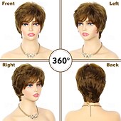 abordables perruque plus âgée-Perruque courte brune coupe lutin, perruques courtes en cheveux superposés avec frange, perruque de remplacement en cheveux synthétiques duveteux pour femmes, perruques de costumes d&#039;Halloween