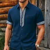 お買い得  通り-男性用 シャツ リネンシャツ バイキングスタイル サマーシャツ ビーチウェア ボタンアップシャツ 純色 バケーション キュリーズ ネイビーブルー 半袖 カラー 夏 春夏 衣類 パッチワーク