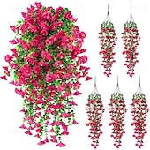 ieftine Plante și flori artificiale-5 buc flori artificiale agățate de glorie de dimineață pentru exterior, petunii artificiale rezistente la UV, mătase falsă, viță de vie lungă, eucalipt, glorie de dimineață, pentru exterior, jardinier de interior, verandă, combinație de decor pentru casă.