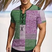 cheap Vacation Tropical T Shirts-Men&#039;s Patchwork Shirt Short Sleeve T shirt 3D Print Lace Up Neck Shirt Vacation Fashion Casual Street Casual Daily Blue Purple Brown Summer Spring Clothing Apparel S M L XL XXL XXXL