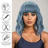 cheap Synthetic Trendy Wigs-Synthetic Wig Wavy Water Wave Layered Haircut Neat Bang Machine Made Wig 12 inch A1 Synthetic Hair Women&#039;s Classic Adorable Comfortable Blue