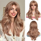 abordables Perruques Synthétiques Sans Bonnet-Perruque marron ombré pour femme avec frange rideau, cheveux synthétiques bouclés naturels de longueur moyenne, résistants à la chaleur, pour un usage quotidien, pour un cosplay ou une fête