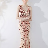 baratos Vestidos Baile Formatura-Vestidos de Quinceanera de Sereia  Trompete Vestido Elegante Formal de Casamento Comprimento do Chão Sem Mangas Gola V com Lantejoulas