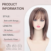 economico parrucca più vecchia-Parrucche corte e lisce per donne bianche, con mèches castane a strati e frangia, lunghezza spalle, in capelli sintetici naturali