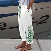cheap Graphic Cotton Linen Pant-Women&#039;s Cotton Linen Pants Palazzo Pants Fashion Streetwear Comfort Ankle-Length Mid Waist Flower / Floral Pocket Elastic Waist Comfy Outdoor Comfortable Street Daily Wear Going out Cold White White