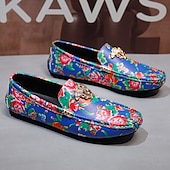 preiswerte Herrenpantoletten &amp; -slipper-Blaue Slipper für Herren mit Blumenmuster und Löwenkopf-Dekoration, stylische Mokassins, ideal für Freizeitausflüge, als Freizeitkleidung und für erholsame Ferien