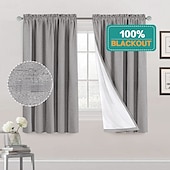 baratos Cortinas &amp; Cortinados-Cortinas de Textura de Linho para Quarto Sólido 100% Blackout Térmica Isolada com Forro Branco Cortinas/Dráperes Escurecedoras para Sala de Estar Berçário 2 Peças L52 x A84